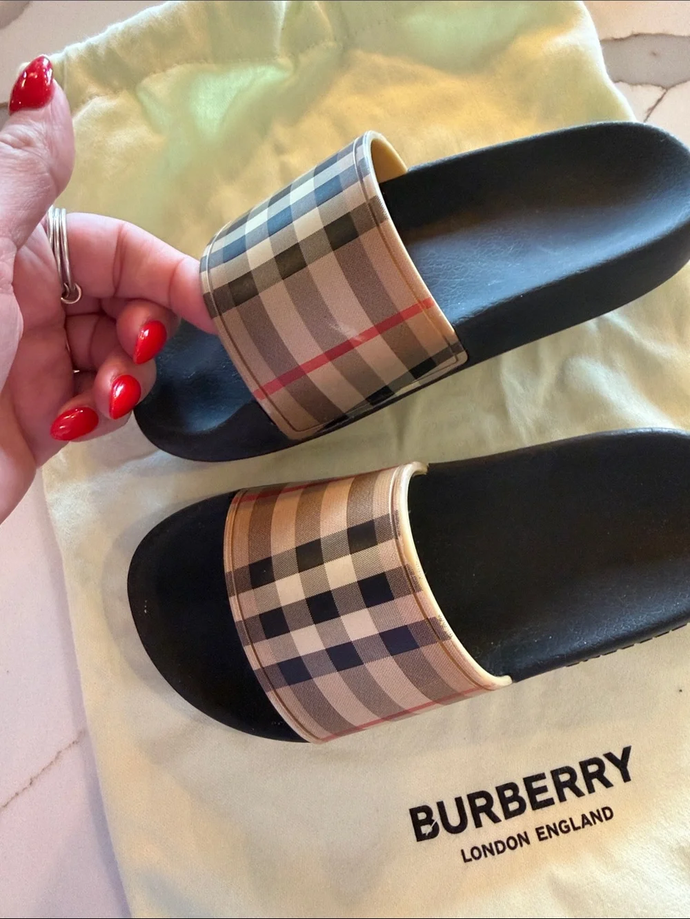 Burberry Black Slides with Beige Nova Check Strap
